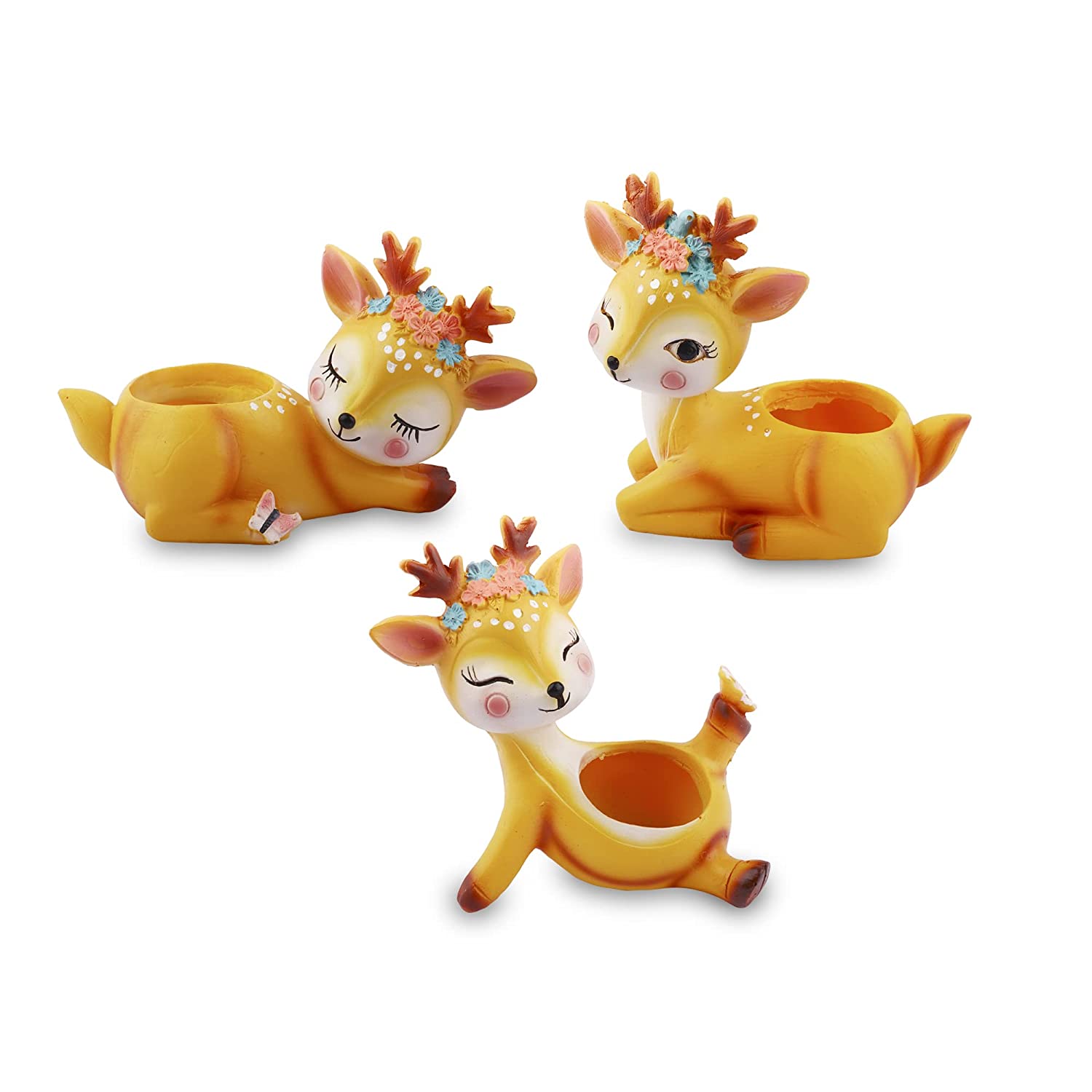 Crazy 1 Pots Handmade & Hand Painted Resin Animal Deer Indoor Succulent Planter Pot (Small, Winking, Playing & Sleeping Deer) - Set of 3