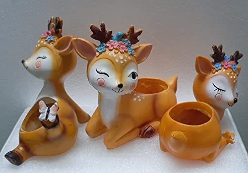 Crazy 6 Pots Handmade & Hand Painted Resin Animal Deer Indoor Succulent Planter Pot (Small, Winking, Playing & Sleeping Deer) - Set of 3