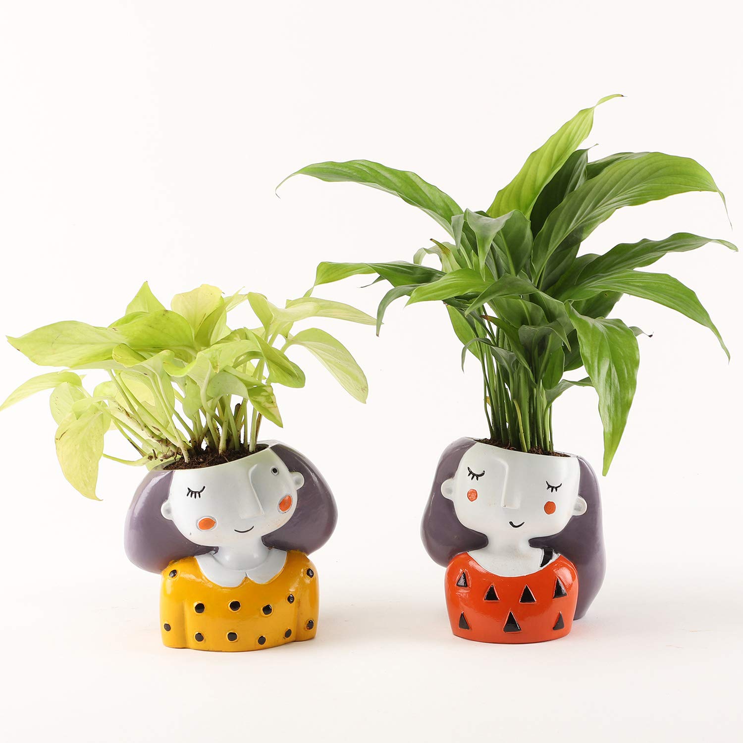 Peace Lily & Money Plant in Girl Resin Pot 4.5 X 3.5 Inches Set of 2 - A